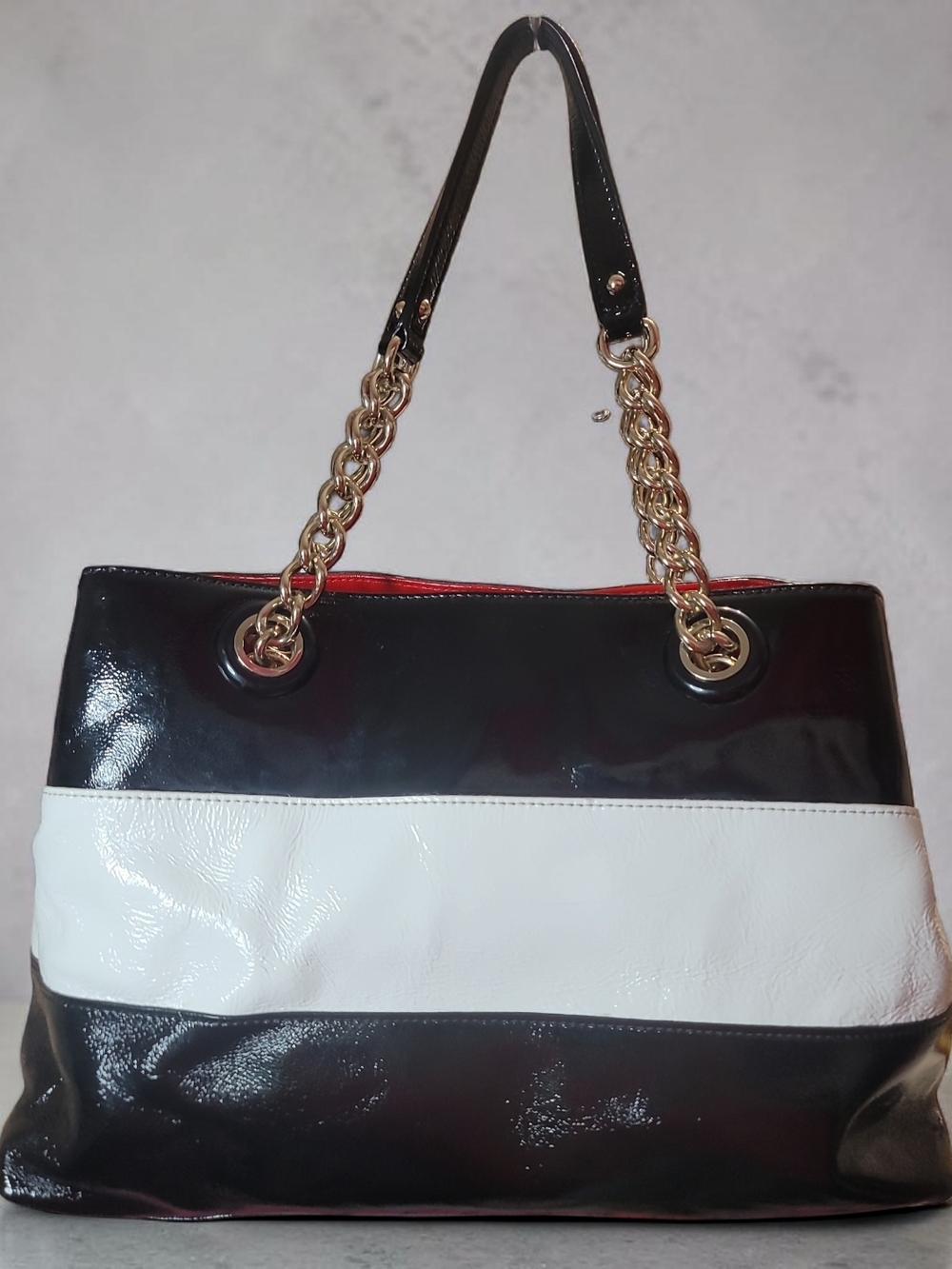 Kate Spade Black, White & Red w/Polka Dot Interior Patent Leather Shoulder Tote - Picture 6 of 15